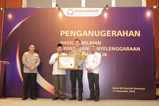 Polres Lamongan Raih Penghargaan Peringkat Pertama Inovasi Yanlik Tahun 2024 Kategori A dari Ombudsman RI